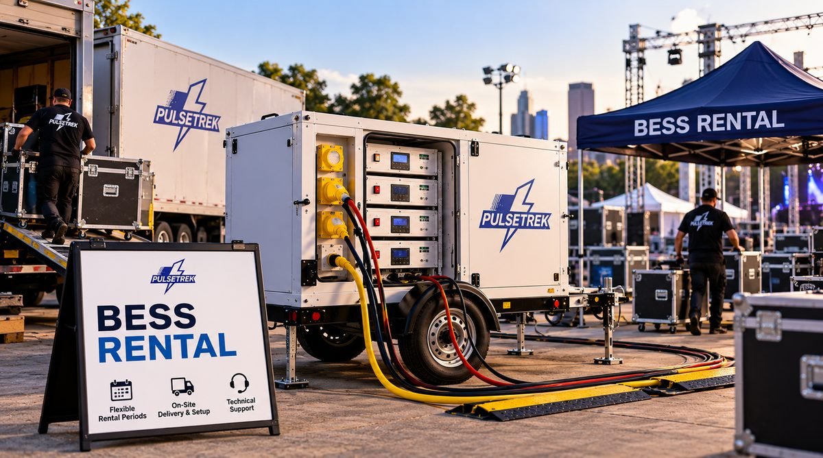 PulseTrek BESS rental unit being delivered and set up at an event site