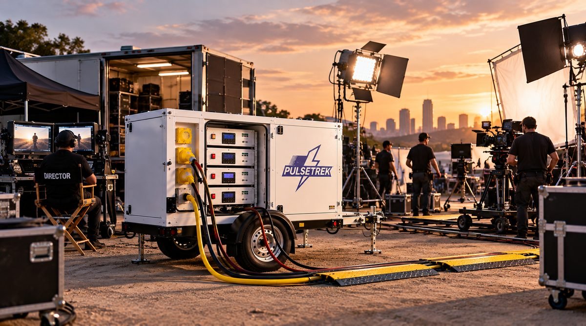 PulseTrek trailer powering lighting and camera equipment on a film set